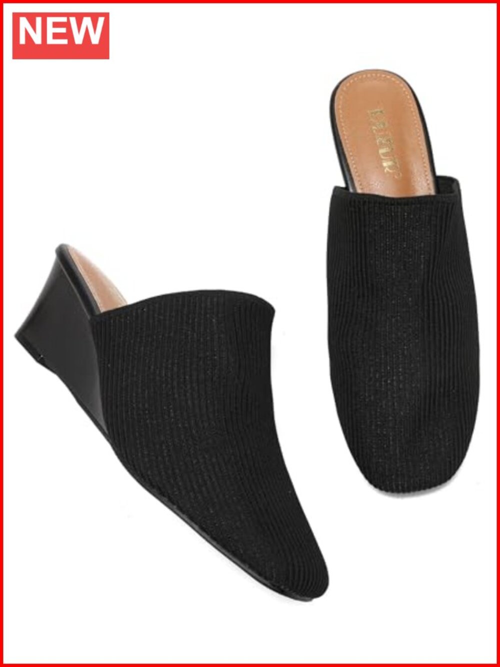 Womens Knitted Heeled Mules Square Toe Slip On Wedges